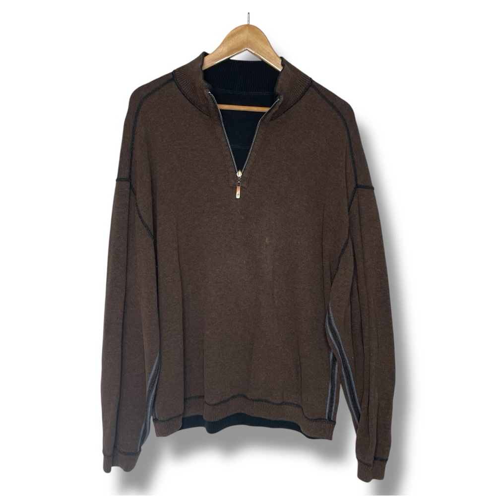 Tommy Bahama Reversible Cotton Black Brown 1/4 Zip Pullover Sweater Sweatshirt